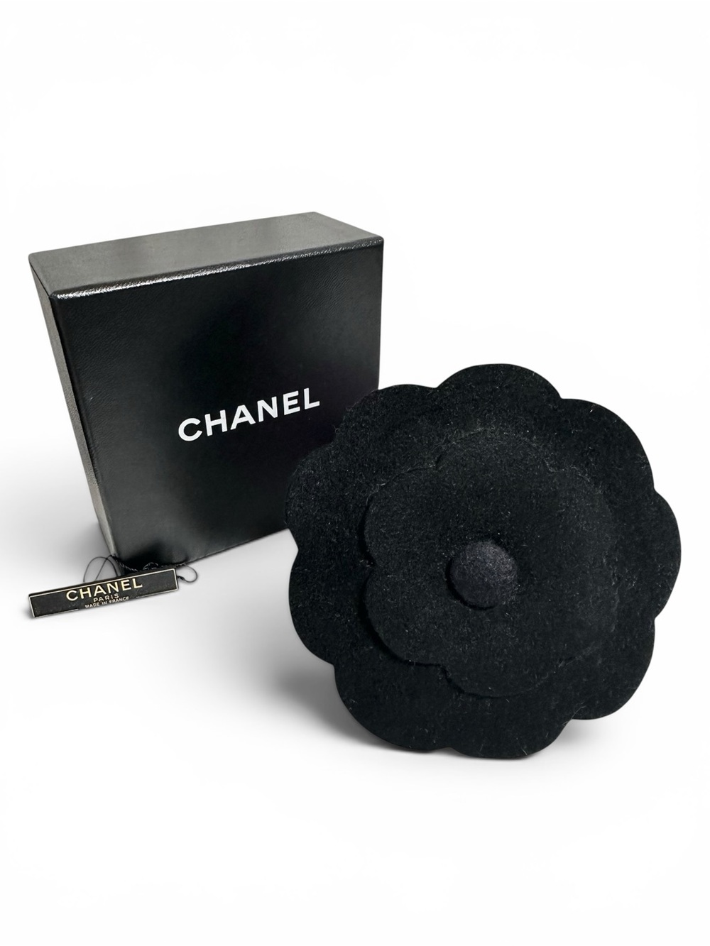 Chanel Large Black Camellia Felt Floral Brooch with Box